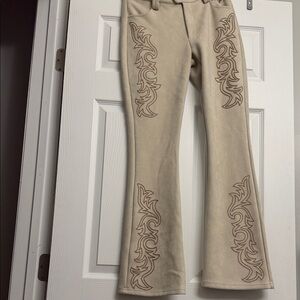 White Fox Boutique Cream Flare Pants with Brown Embroidery “Never Going Back”